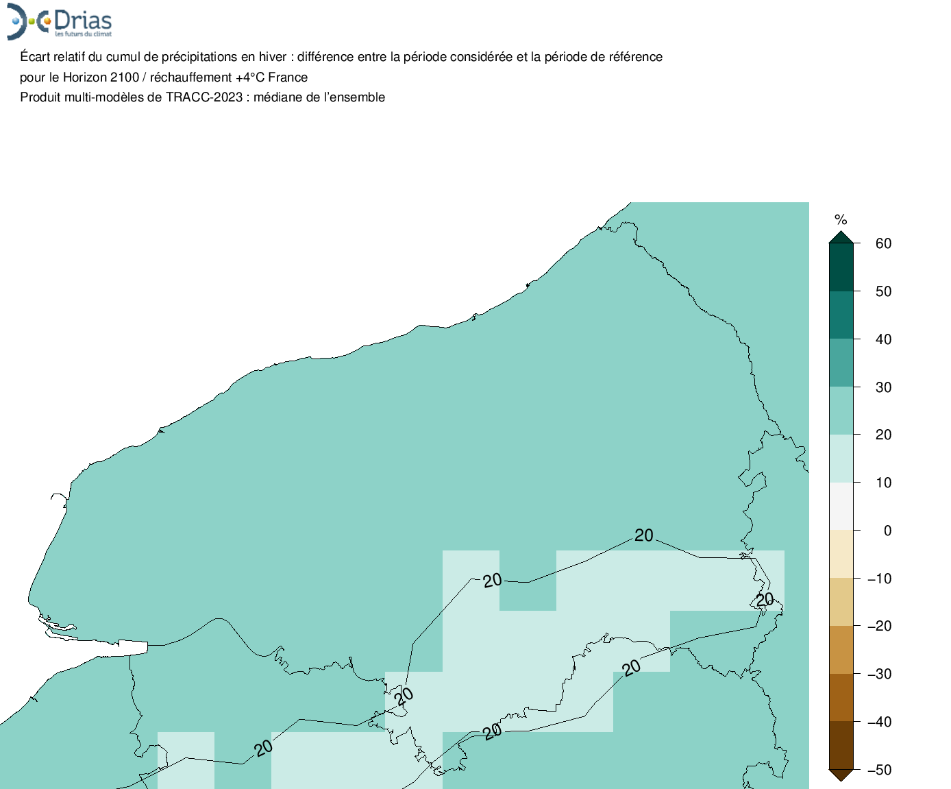 Augmentation de 21% des précipitations hivernales en 2100 - TRACC 2023 : +4°C